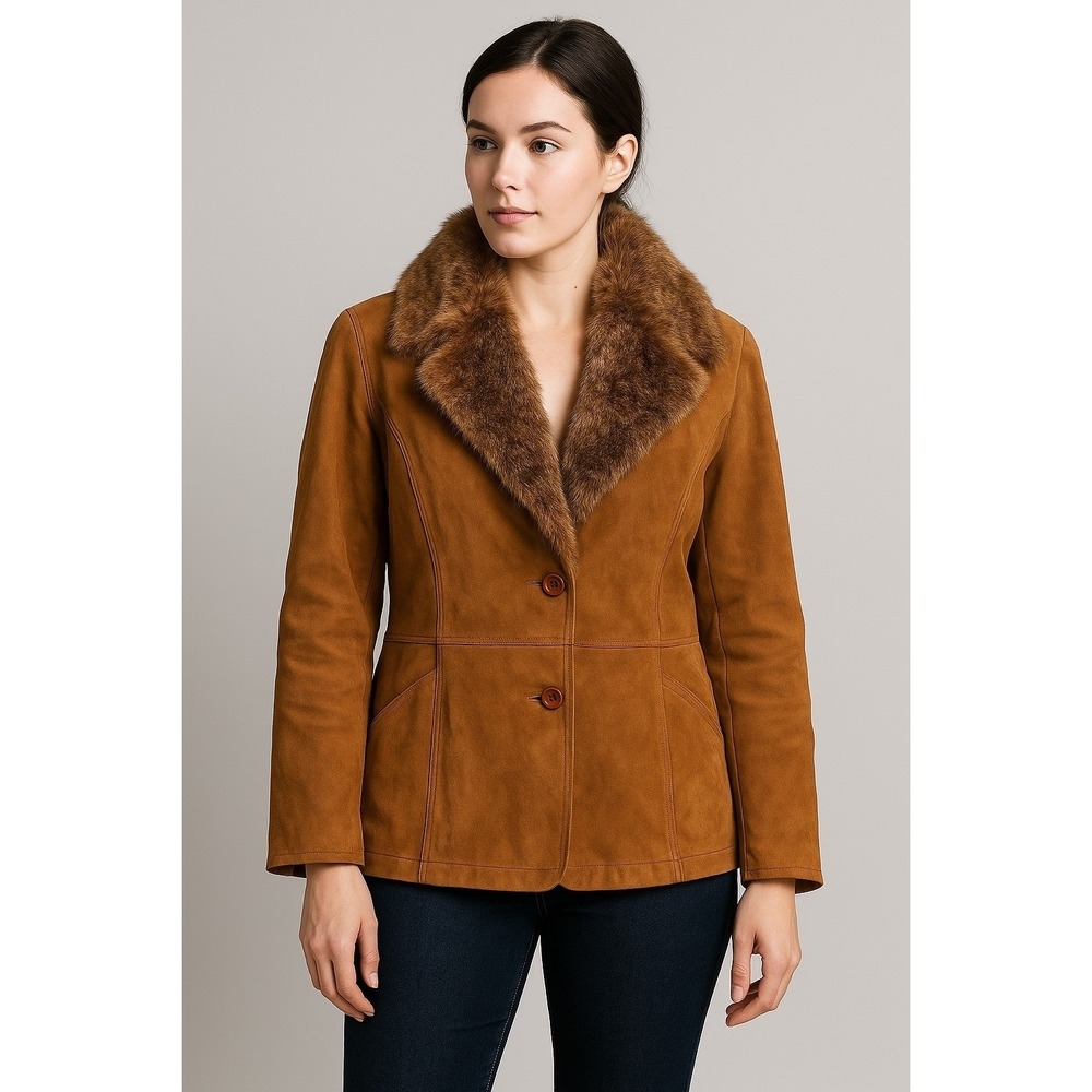 Vintage Dino Gallucci Suede Leather Coat Women's 42 Fur Collar Lined Jacket Brow